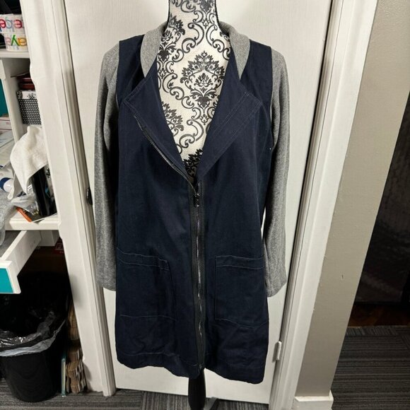 Jet John Eshaya navy and gray colorblock casual knee length jacket. - Picture 1 of 9